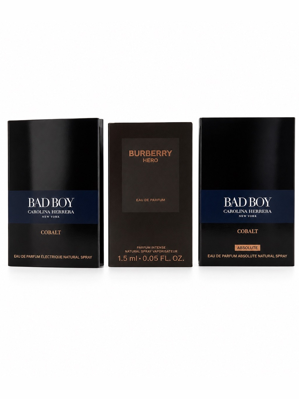 Designer mens fragrance samples Carolina Herrera Bad Boy & Burberry Hero Intense